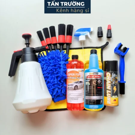 Combo BÌNH TẠO BỌT TUYẾT 15 món rửa xe (Bình 2L, nước rửa xe, Tây sên, Dưỡng sên, Bàn chải chà sên, 5 cây cọ, găng san hô, khăn lau 30x30, Vòi xịt) Lau Xe Phụ Kiện